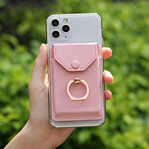 Cell Phone Card Holder RFID Ring Stand Stick on Wallet Card Holder for Back of Phone iPhone Android and All Smartphones Adhesive Credit Card Holder Pink - color: Pure Pink