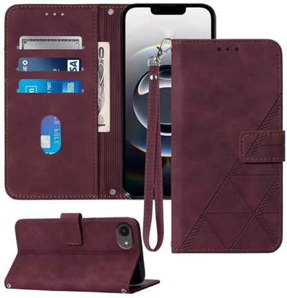Flip Wallet Case for iPhone 17e/16e, Wrist Strap, Red | Embossed PU Leather, Detachable Wrist Strap, Card Slots, TPU Inner, Cash Pocket, Magnetic Closure, Stand, Precise Cutouts - color: Red