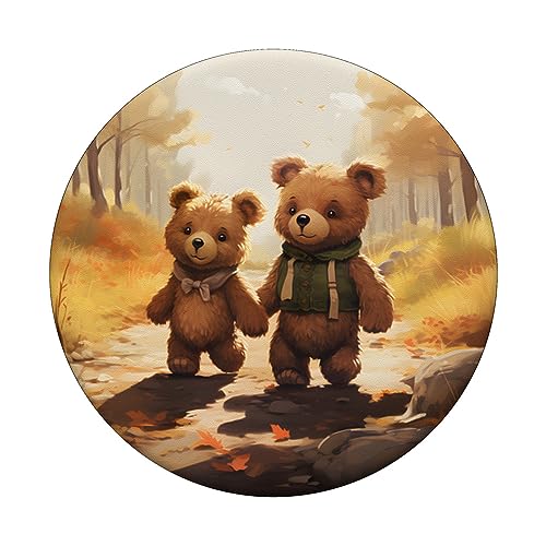 Teddy Bears Walking in Autumn Forest Holding Hands PopSockets Adhesive PopGrip - style: Adhesive PopGrip