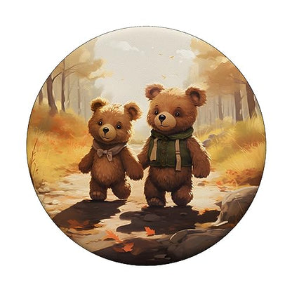 Teddy Bears Walking in Autumn Forest Holding Hands PopSockets Adhesive PopGrip - style: Adhesive PopGrip