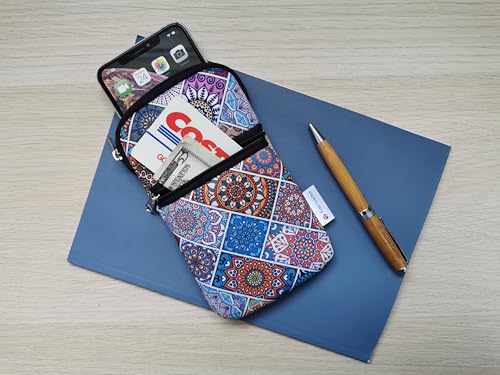 Tainada Small Crossbody Zipper Phone Neck Pouch (Bohemian Pattern) mini Neoprene Dual Zip Wallet Purse Bag; Water-Resistant, Shockproof, Lightweight; Adjustable & Detachable Strap - color: Bohemian Pattern