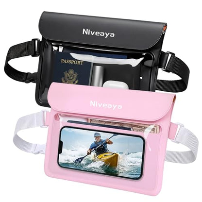 Niveaya IPX8 Waterproof Fanny Pack, Waterproof Pouch Dry Bag for Beach, Kayaking, Swimming, Boat Travel Cruise Essentials, Waterproof Phone Bag Passport Holder for Women Men(2 Pack) - color: Black+Pink