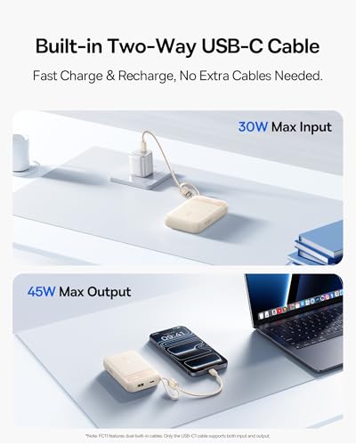 Baseus 20000mAh Compact Portable Charger 45W, CCC Certified Power Bank Built-in USB-C Cables, Travel Essential PD Fast Charging Battery Pack for iPhone 17/16 Series Galaxy S25/S24 Ultra Google iPad - color: Beige