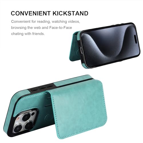 KIHUWEY Compatible with iPhone 15 Pro Wallet Case Credit Card Holder, Premium Leather Kickstand Flip Hidden Magnetic Clasp Durable Shockproof Protective Cover for iPhone 15 Pro 6.1 inch (Mint Green) - color: Mint Green