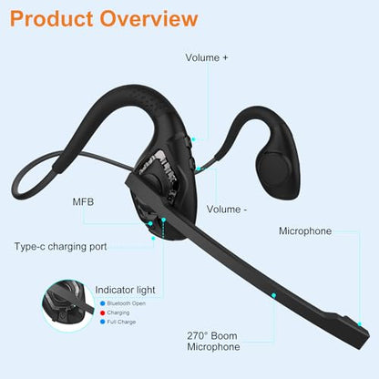 Golvery Open Ear Headphones with Mic, Bluetooth V5.3 Headset w/Microphone - color: Black