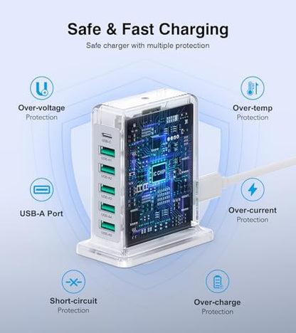 USB Charger Block, 45W Max 6-Port USB Charging Station for Multiple Devices