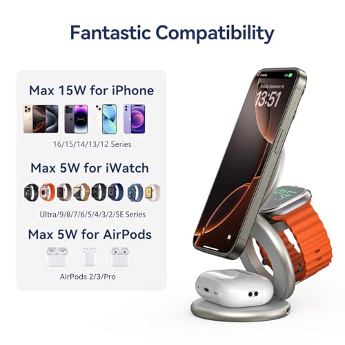 KU XIU X63 Natural Titanium 3 in 1 Charging Station for Apple, Aluminum Alloy Foldable Magnetic Wireless Charger, Travel Stand for iPhone 17/16/15/14/13/12, Apple Watch & AirPod,with 20W Adapter - color: Natural Titanium