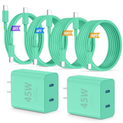 QZIIW iPhone 17 16 15 Pro Max Fast Charger,45W Dual Port USB C Fast Charger - color: Green, size: 3FT+6FT+10FT+10FT