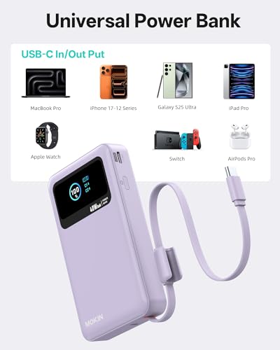 MOKiN 3-in-1 Power Bank,10000mAh 40W Portable Charger with Foldable Plug,Built-in USB-C Cable & LCD Display,Travel Essential Phone Fast Charging Battery Pack,for iPhone 17/16,Samsung etc (Purple) - color: Purple