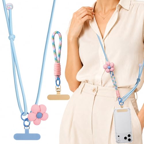 Swooflia Cell Phone Crossbody Lanyard for Women - Adjustable, Lightweight Strap with Tether Tabs for Travel Hiking Hands-Free - color: Floral Blue