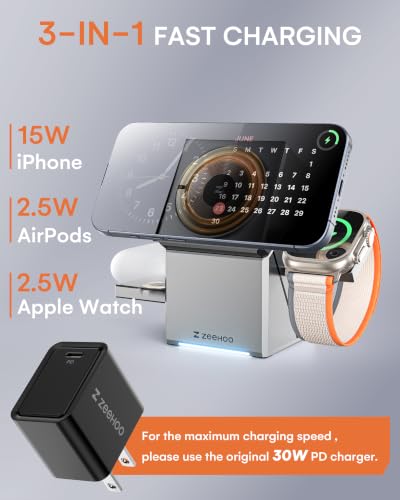 ZEEHOO 3 in 1 Charging Station for Apple, Mag-Safe for iPhone Charger, Certified Rotating Wireless Charger Stand for iPhone 18 Pro/Duo/17-12 Series, Apple Watch, AirPods (USB-C Charger Included) - color: Metal Gray