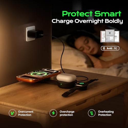 Qi2.2 Certified 25W 3 in 1 Wireless Charging Station for Apple, Foldable Mini MagSafe Travel Charger Pad for iPhone 17-12 Series, Apple Watch & AirPods, Magnetic Charging Dock with 45W Adapter - color: Black