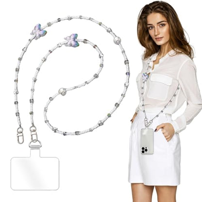 Phone Chain Crossbody Pearl Strap,Pearl Beaded Chain Shoulder Crossbody Lanyard with Phone Tether Patches Compatible with Most Phones Bag Purse(I) - color: I