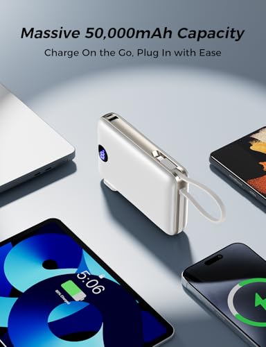 Portable Charger 50000mAh with Built-in Cables and AC Wall Plug, 22.5W Fast Charging Power Bank with LED Display for iPhone 17/16, Samsung, Android Devices, Camping, Road Trips and Travel, White - color: White
