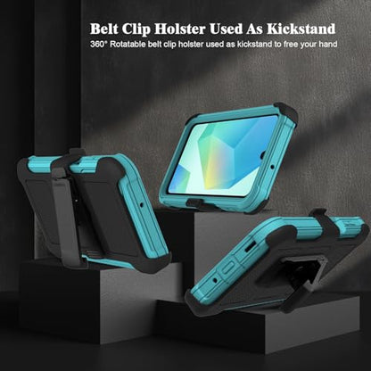 for Samsung Galaxy A16 5G Case with 2 Pack Tempered Glass Screen Protector, [Holster Series] Belt Clip Hard Tough Heavy Duty Rugged Shockproof Protective Cell Phone Case (Blue Green) - color: Blue Green