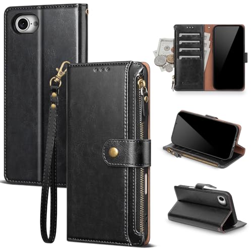 Compatible with iPhone 17e / 16e Wallet Case with Card Holder RFID Blocking Zipper Poket PU Leather Flip Phone Case with Wrist Strap Credit Card Slots Men Women,Black - color: Black