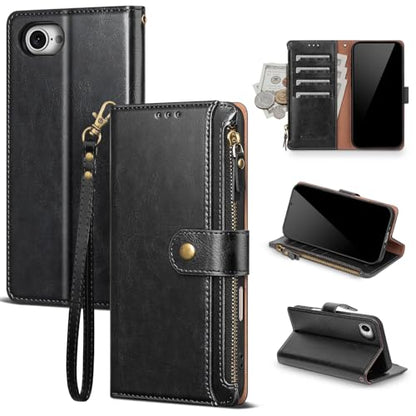 Compatible with iPhone 17e / 16e Wallet Case with Card Holder RFID Blocking Zipper Poket PU Leather Flip Phone Case with Wrist Strap Credit Card Slots Men Women,Black - color: Black