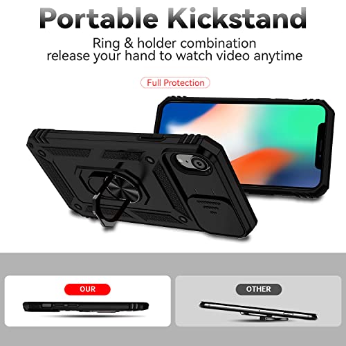 for iPhone Xs Max Case with Camera Lens Cover HD Screen Protector, Dual Layer Military Grade Drop Protection Magnetic Ring Holder Kickstand Protective Phone Case for iPhone Xs Max 6.5 inch (Black) - color: Black with camera cover Military-Grade 2nd gen