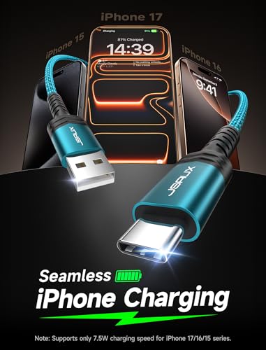 JSAUX USB to USB C Cable, USB C Cable for iPhone 17, 3-Pack (10+6.6+3.3FT) - color: Green, size: 3.3ft+6.6ft+10ft