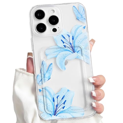 NITITOP Compatible with iPhone 13 Pro Max Case with Card Holder Clear Cute Floral Lily Flowers Butterfly for Women Girls Soft TPU Shockproof Wallet Case Protective Phone Cover - Blue - color: Blue, size: iPhone 13 Pro Max