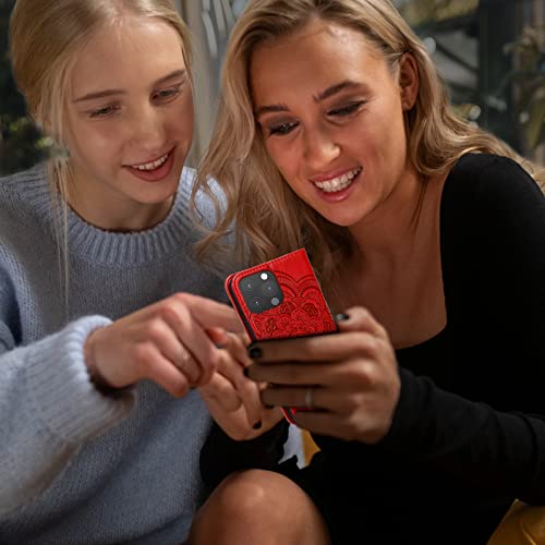 EYZUTAK Case for iPhone 13 Pro Max, Premium PU Leather Magnetic Flip Wallet Case with Card Holder Cash Slot Lanyard Strap Kickstand Function Embossed Mandala Flower Pattern Shockproof Cover - Red - color: Red, size: iPhone 13 Pro Max