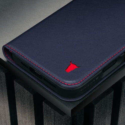 TORRO Leather Case Compatible with iPhone 17 6.3" 2025 - Premium Leather Wallet Flip Case with Kickstand and Card Slots (Compatible with Official MagSafe Chargers) - Navy Blue - color: Navy Blue with Red Detail, size: iPhone 17