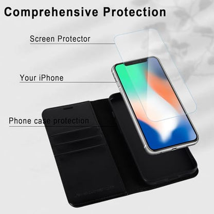 MONASAY Wallet Case for iPhone X/Xs with 3 Card Holders - Black | Kickstand,RFID Blocking,6.6 feet of shock absorption,PU Leather,Strong Magnetic Closure,Fits 5.8 inch ONLY,screen Protector - color: Black