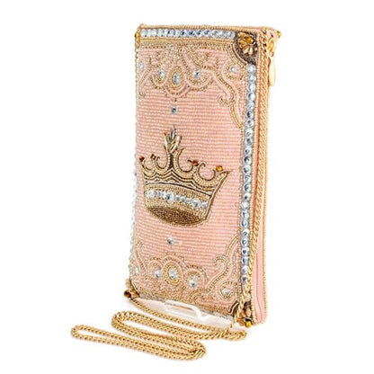 Mary Frances Crowned Jewel Beaded Crossbody Cell Phone Bag Clutch Novelty Purse with Removable Chain Strap, Pink