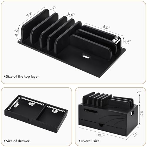 Homde Bamboo Charging Station Organizer: 6 Compartments and Drawer - color: Black