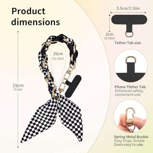 Phone Wrist Strap with Gold Metal Scarf and Universal Tether Tab, Aesthetic Print Design Ribbon Chain, Multi-Purpose Accessories for Bag Key Cellphone for Men Women Girls-Black Checkerboard - color: Black Checkerboard