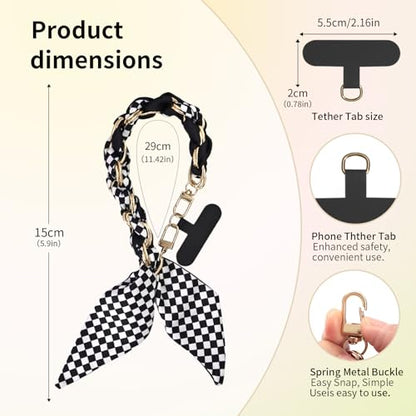Phone Wrist Strap with Gold Metal Scarf and Universal Tether Tab, Aesthetic Print Design Ribbon Chain, Multi-Purpose Accessories for Bag Key Cellphone for Men Women Girls-Black Checkerboard - color: Black Checkerboard