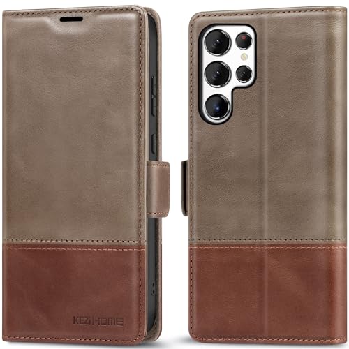 KEZiHOME Genuine Leather Wallet Case for Samsung Galaxy S25 Ultra | Gray/Brown, RFID Blocking, S25 Ultra Wallet Case, Card Slot, Flip, Magnetic Stand Phone Cover Compatible with S25 Ultra - color: Gray/Brown, size: Galaxy S25 Ultra Case