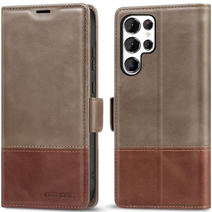 KEZiHOME Genuine Leather Wallet Case for Samsung Galaxy S25 Ultra | Gray/Brown, RFID Blocking, S25 Ultra Wallet Case, Card Slot, Flip, Magnetic Stand Phone Cover Compatible with S25 Ultra - color: Gray/Brown, size: Galaxy S25 Ultra Case