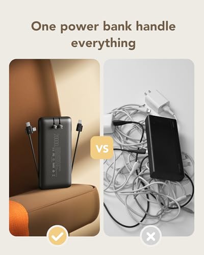 charmast 20000mAh Portable Charger with Built-in Cables and AC Wall Plug - color: black