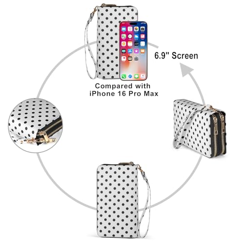 RFID Blocking Cellphone Wallet for Women with Removable Strap, Large Capacity Multi Card Wristlet Purse for Travel, Coin Pocket & Double Zipper, Polka Dot - color: Black Polka Dot