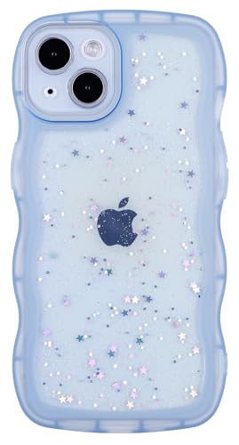 Glitter case for iPhone 13/14 Wavy Edge Blue | Bling Sparkle Glitter，Wavy Edge，Full Protection Soft TPU，Kawaii Cute Phone Case for Women Girls - color: Blue
