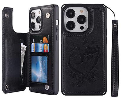 iCoverCase Compatible with iPhone 14 Pro Max Wallet Phone Case with Card Holder for Women, RFID Blocking Embossed PU Leather Wrist Strap Case 6.7 Inch (Heart Black) - color: H-Black