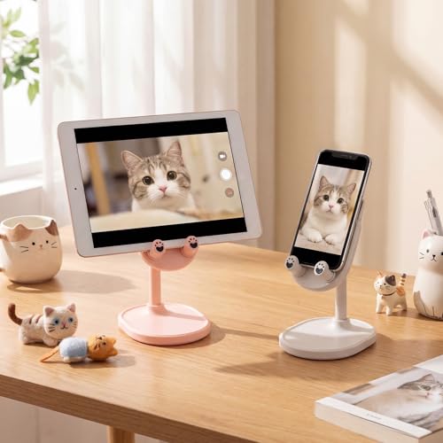 Kathfly 2 Pack Cute Phone Stand for Desk, Pink and White, Cat - color: Pink and White, style: Cat