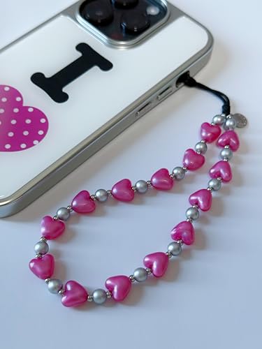 Drawwind Phone Charm Beaded Wristlet Strap Universal Cell Phone Lanyard Cute Bracelet Wrist Strap Beaded Chain String Handmade Accessories for Case Camera Bags (Hot Pink Hearts) - color: Hot Pink Hearts