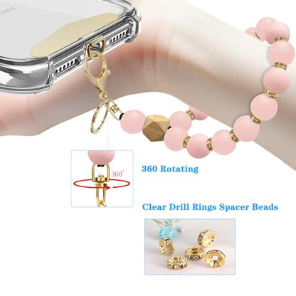Silicone Beaded Phone Wrist Strap, Phone Bracelet Strap with Tether Tab Elastic Hands Free Wristlet Strap - color: Pink