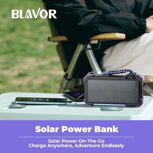BLAVOR Solar Power Bank 20000mAh, Wireless Charger for Phones & Apple Watch - color: Purple