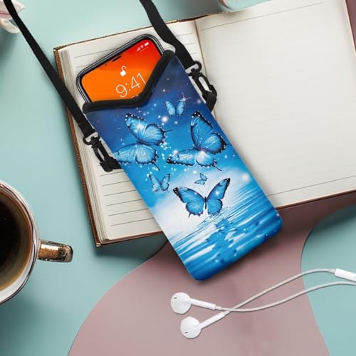 Men Women Small Crossbody Purses Mini Cellphone Pouch Case Phone Carrier Bag with Detachable Adjustable Strap for iPhone 16/15/14/13, Blue Butterfly Water Ripple Print - color: Blue Butterfly Water Ripple Print
