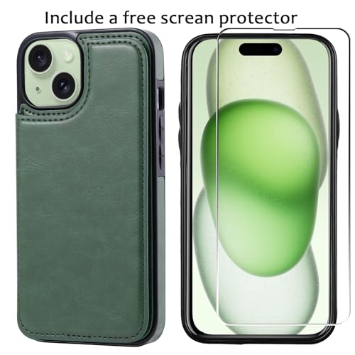 Wallet Case Compatible with iPhone 15,Slim Protective case with Card Holder,Premium PU Leather Kickstand Card Slots Case with 1 Screen Protective Glass-Grass Green - color: Grass Green