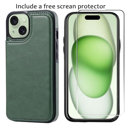 Wallet Case Compatible with iPhone 15,Slim Protective case with Card Holder,Premium PU Leather Kickstand Card Slots Case with 1 Screen Protective Glass-Grass Green - color: Grass Green