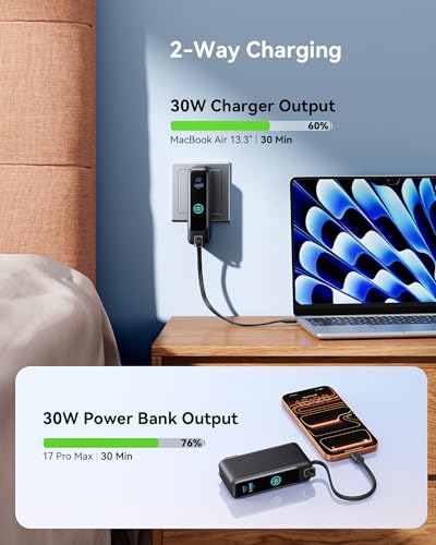 INIU Portable Charger, 10000mAh 30W Fast Charging Power Bank, Built-in USB C Cable and Foldable AC Plug, Travel Essentials Battery Pack for iPhone 16 15, Samsung S25 S24, MacBook