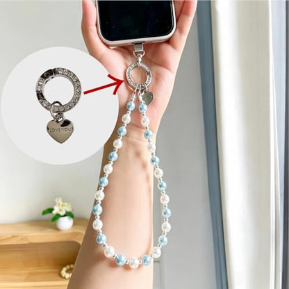 Beaded Pearl Phone Charm Wrist Strap, Camera AirPods Bags Charms(Blue） - color: Blue