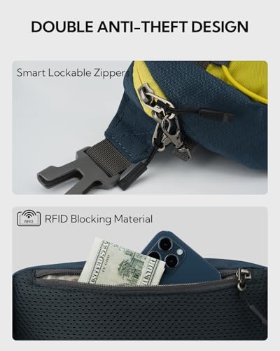 WATERFLY Small Fanny Pack RFID Blocking Travel Hiking Crossbody Waist Bag | Anti-theft design, Water resistant, Lockable zipper, Hidden rear pocket, Lightweight hip belt bag, EDC Running, Cycling, Gym - color: Yellow-Blue