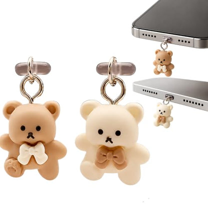 2Pcs USB C Dust Plug with Bear Pendant, Phone Charging Port Protector, Cute Cartoon Design
