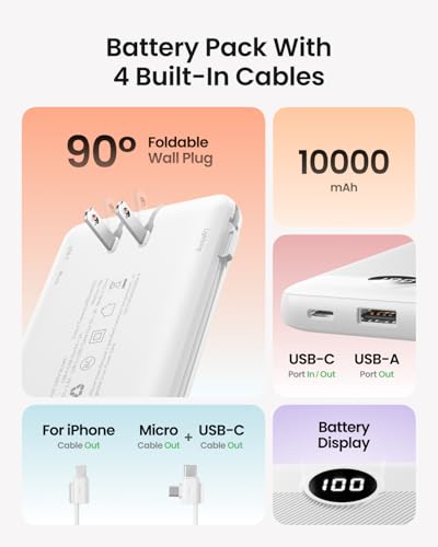Portable Charger with Wall Plug, Slim USB C Power Bank with Built-in Cables, 10000mah LED Display External Battery Pack Compatible with iPhone/Android & More(White) - color: White