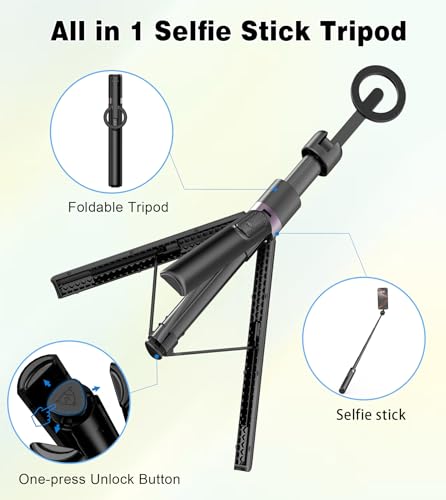 TONEOF 68" Magnetic Aluminum Phone Tripod Selfie Stick for iPhone & Android - color: Black